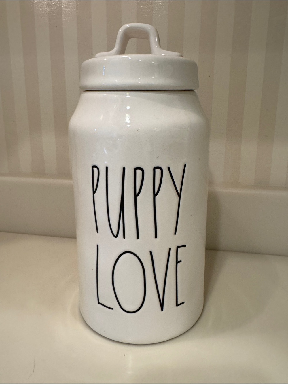 Rae Dunn "Puppy Love" Dog Treats White Ceramic Canister Jar With Lid